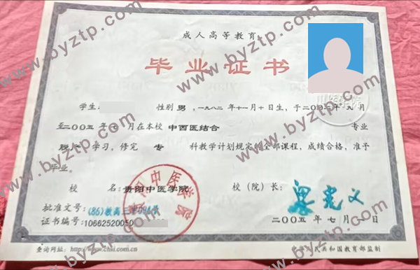 2005年贵阳中医学院毕业证样本_原版图片_模板