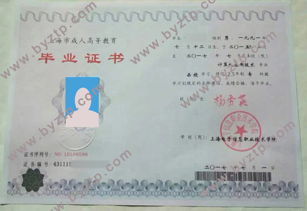 2017年上海电子信息职业技术学院毕业证样本图片