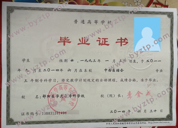 2014年邵阳医学高等专科学校毕业证样本/模板/图片