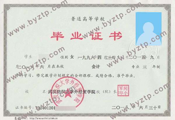 2018年武汉纺织大学外经贸学院毕业证样本图片_模板