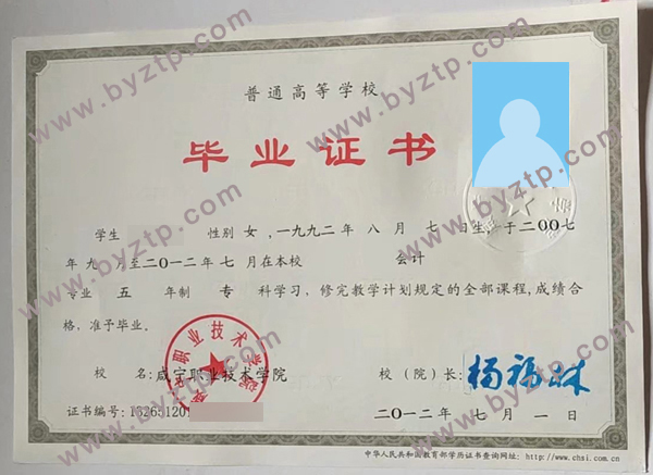 咸宁职业技术学院历届毕业证样本-模板-原版图片