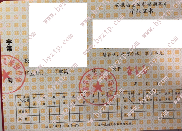 安徽省肥东县粱园中学高中毕业证样本图片/模板