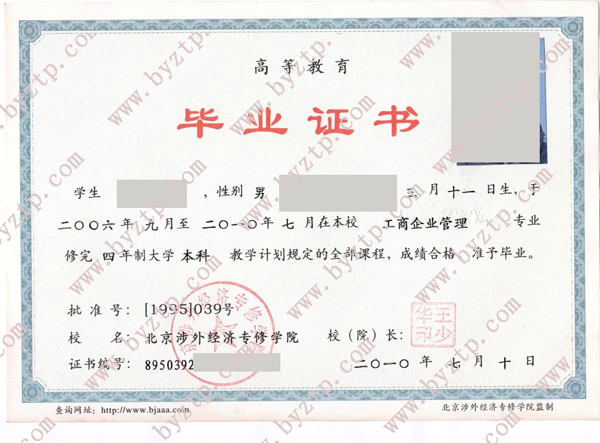 2010年北京涉外经济专修学院毕业证样本图片_模板样式