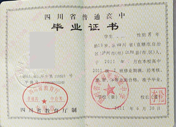 四川省泸州市实验中学高中毕业证样本图片（模板）