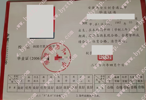 铜陵市第九中学高中毕业证样本图片.jpg