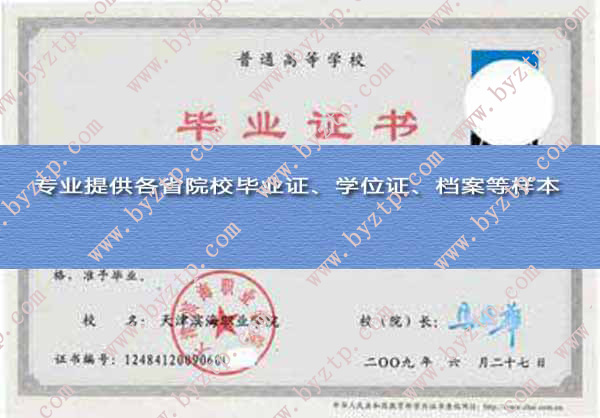 天津滨海职业学院2009年毕业证样本图片