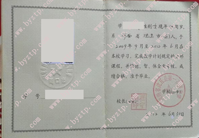 河南省沈丘县第一高级中学高中毕业证样本图片.jpg