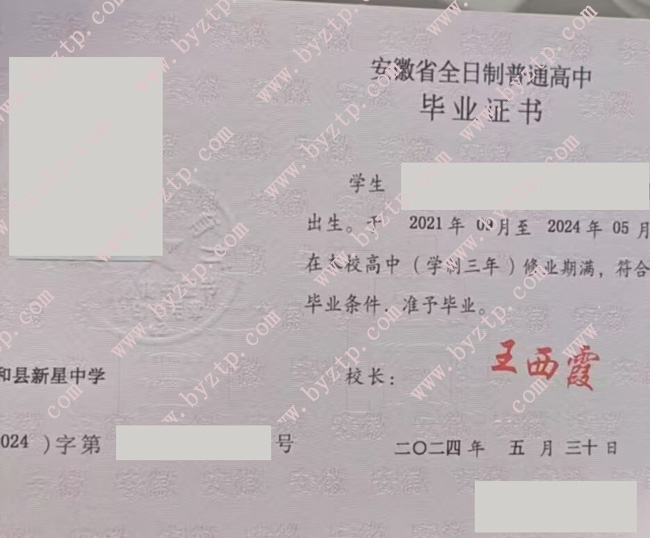 太和县新星中学高中毕业证样式图片