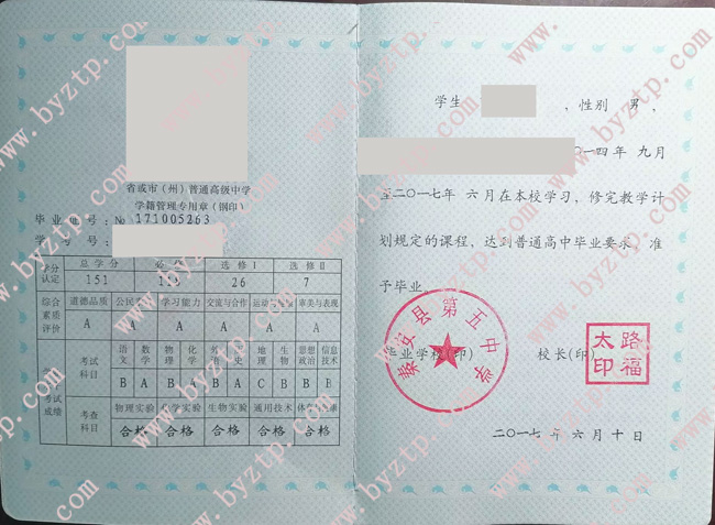 秦安县第五中学高中毕业证样本(图片)