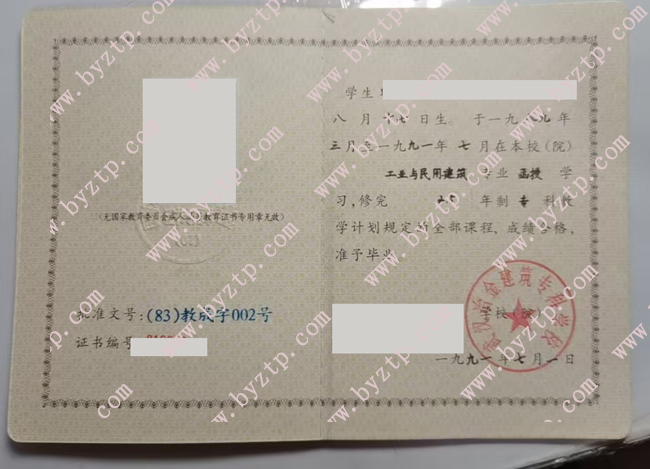 武汉冶金建筑专科学校1991年毕业证样本模板
