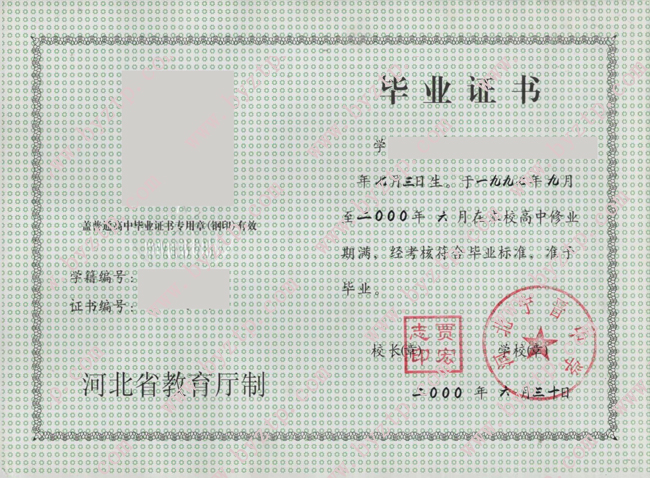 河北宁晋中学高中毕业证样本模板
