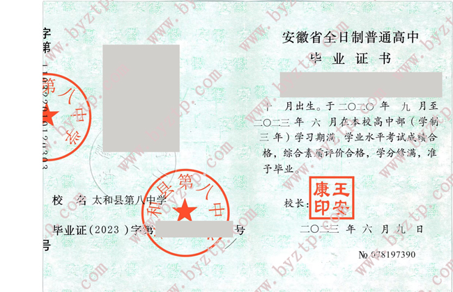 太和县第八中学高中毕业证样本图片.jpg