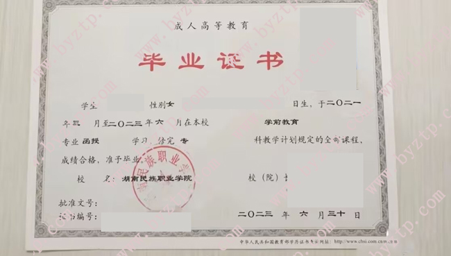 湖南民族职业学院2023年函授专科毕业证样本图片