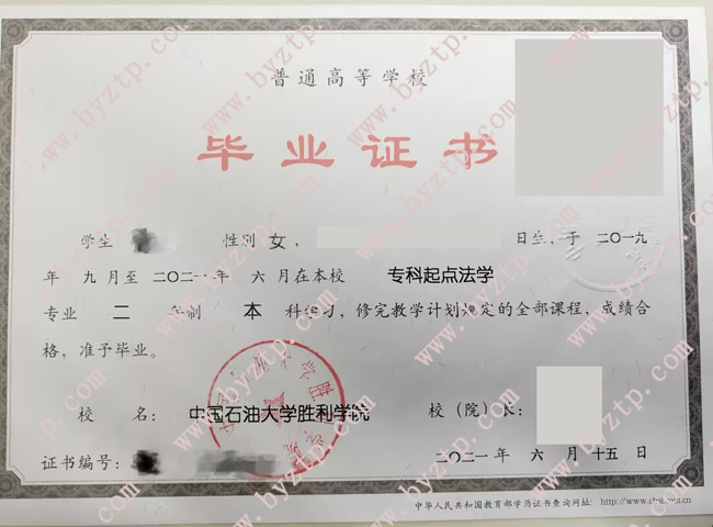 中国石油大学胜利学院毕业证学位证样本图片/模板
