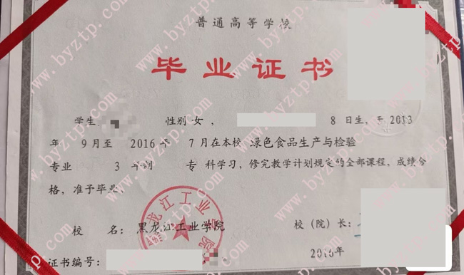 黑龙江工业学院毕业证样本图片/模板展示