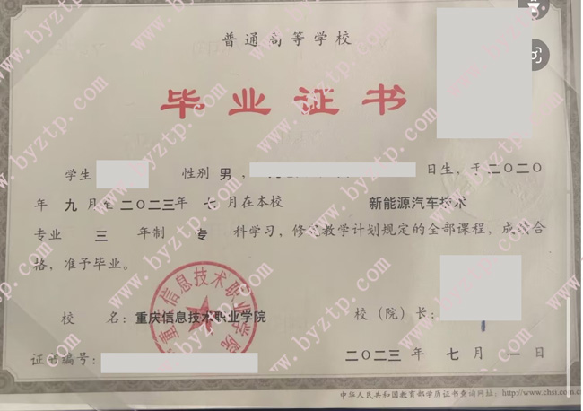 重庆信息职业技术学院毕业证样本图片