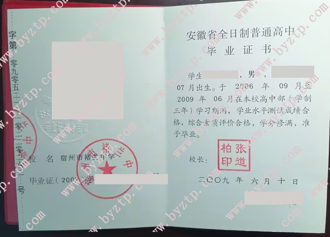 宿州市褚兰中学高中毕业证样本图片.jpg