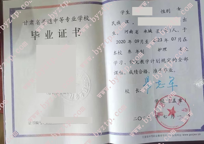 酒泉卫生学校中专毕业证样本图片 .jpg