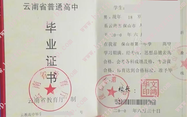 保山市第一中学高中毕业证样本图片.jpg