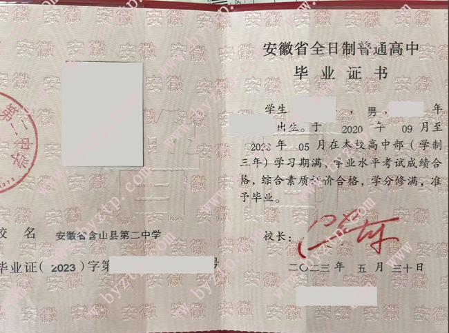 安徽省含山县第二中学高中毕业证样本图片.jpg