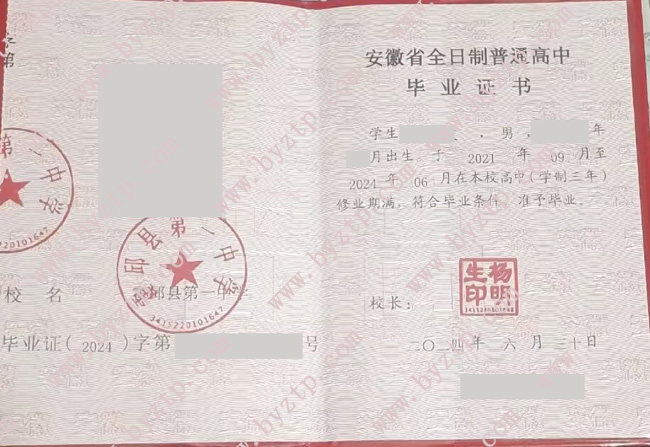霍邱县第一中学高中毕业证样本图片.jpg