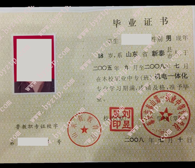 泰安市泰山第一职业中等专业学校中专毕业证样本图片