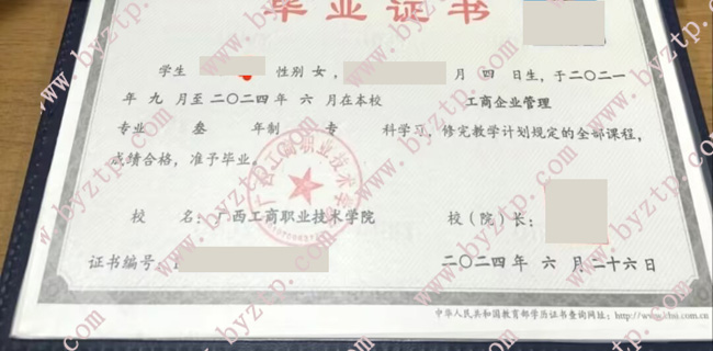 广西工商职业技术学院毕业证样本图片