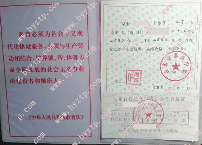 山东省泰山中学高中毕业证样本图片