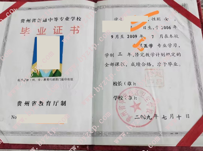 贵州省毕节地区卫生学校中专毕业证样本图片