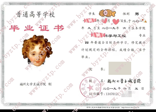 福州大学至诚学院毕业证学位证样本图片