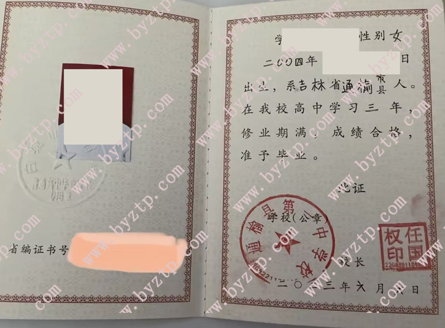 通榆县第一中学校高中毕业证样本图片