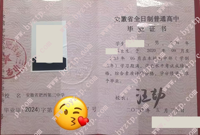 安徽省肥西第三中学高中毕业证样本图片