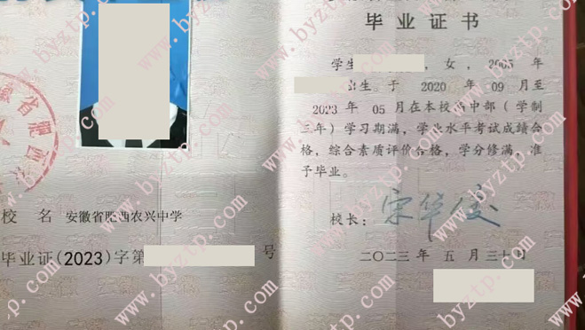 安徽省肥西农兴中学高中毕业证样本图片