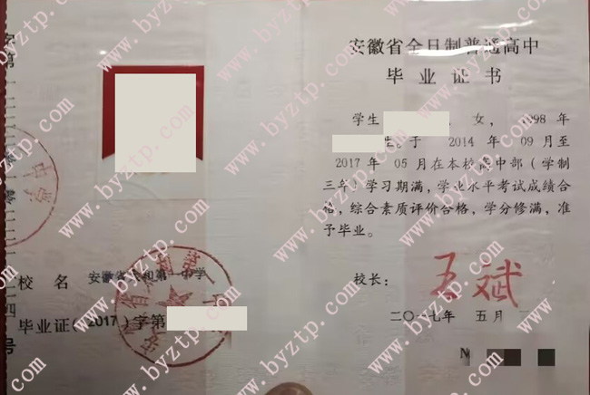 安徽省太和第一中学高中毕业证样本图片