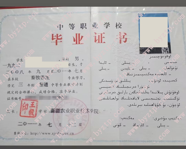 新疆农业职业技术学院中专毕业证样本图片