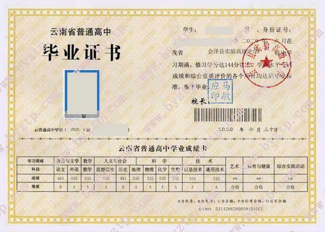 会泽县实验高级中学高中毕业证样本图片