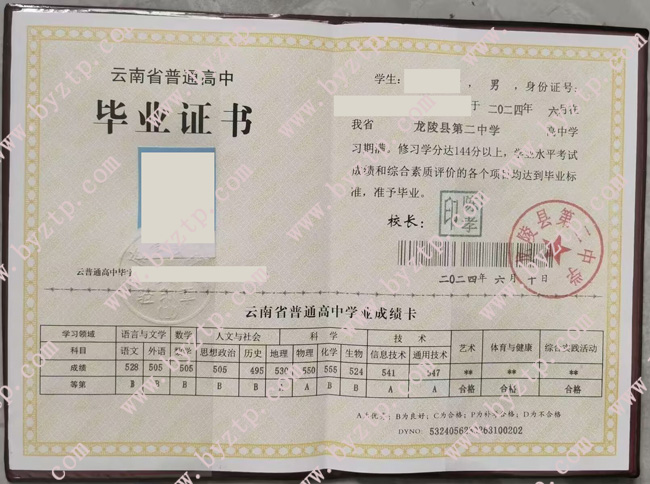 龙陵县第二中学高中毕业证样本图片