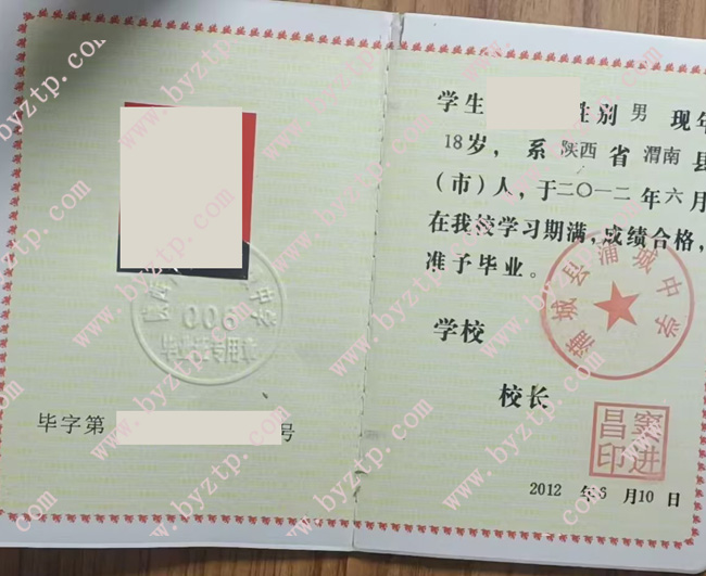 蒲城县蒲城中学高中毕业证样本图片