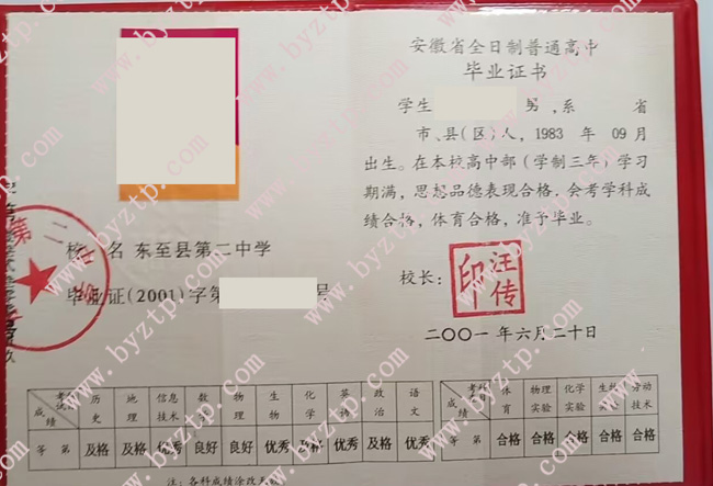 东至县第二中学高中毕业证样本图片