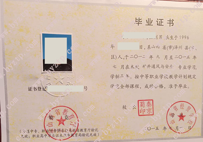 山西省经贸学校中专毕业证样本图片
