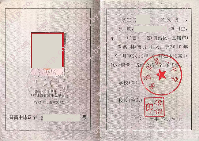 岑溪市第一中学高中毕业证样本图片