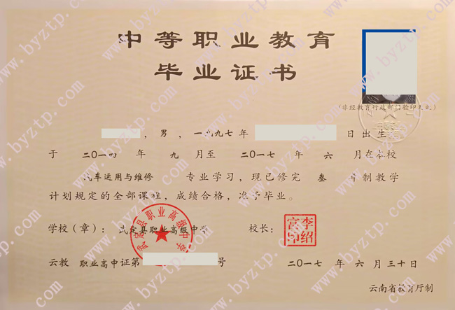 武定县职业高级中学中专毕业证样本图片