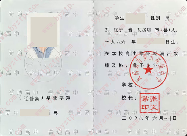 瓦房店市第五高级中学高中毕业证模板图片