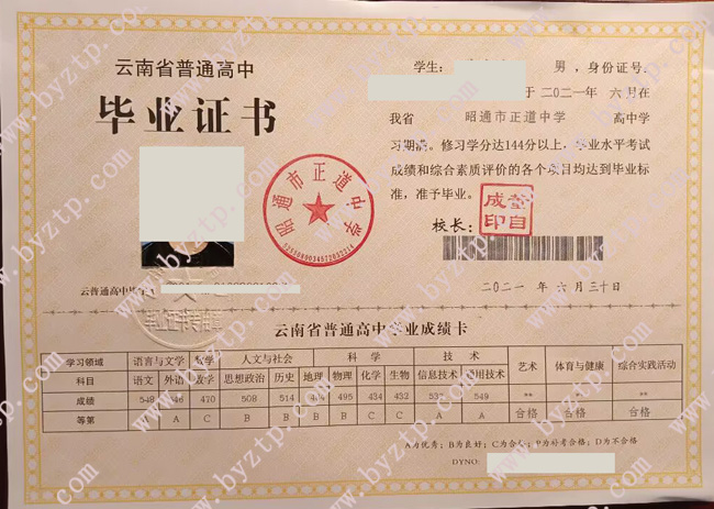 昭通市正道中学高中毕业证样式图片