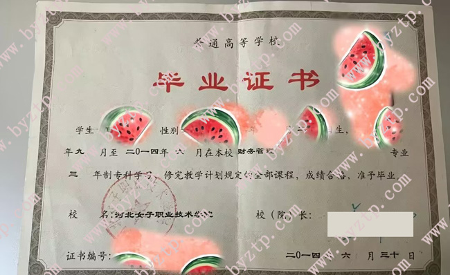 河北女子职业技术学院毕业证样本模板.jpg