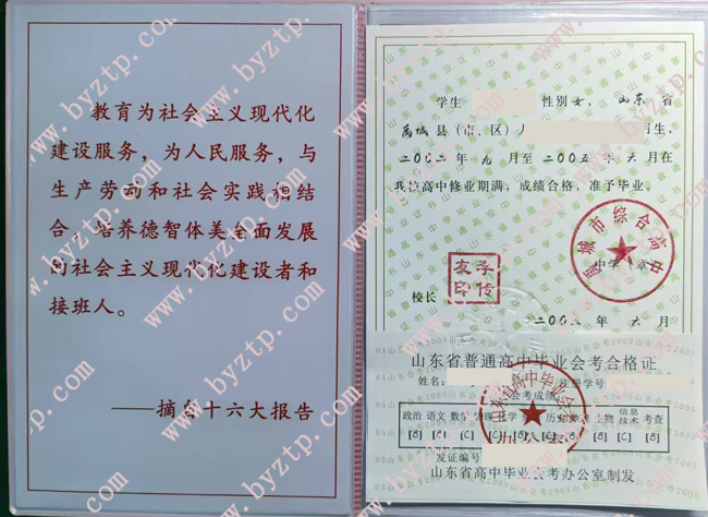 禹城市综合高中毕业证样本图片