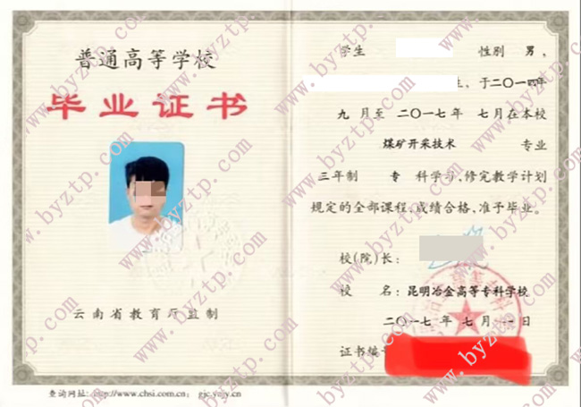 昆明冶金高等专科学校毕业证样本模板1.jpg