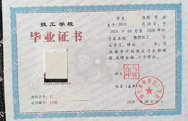保定新能源技工学校毕业证模板样本