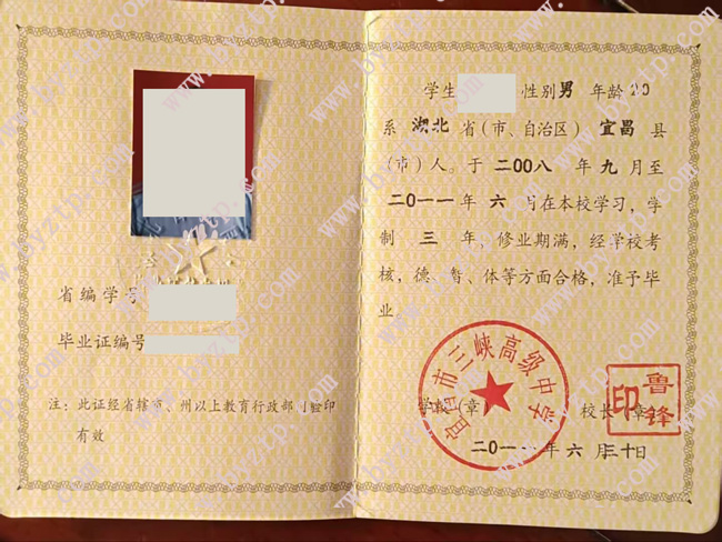 宜昌市三峡高级中学高中毕业证模板样本