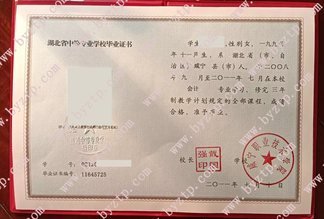 咸宁职业技术学院中专毕业证模板样本